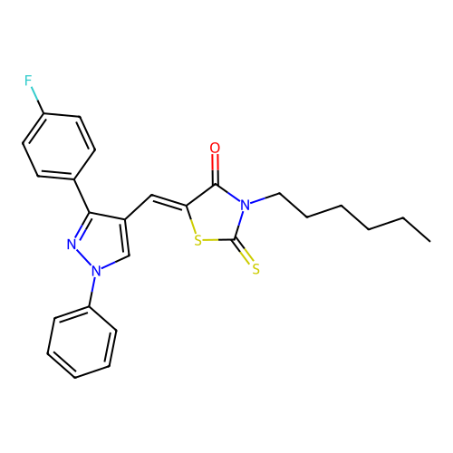 (5Z)-5-{[3-(4-fluorophenyl)-1-phenyl-1H-pyrazol-4-yl]methylidene}-3-hexyl-2-thioxo-1,3-thiazolidin-4-one structure