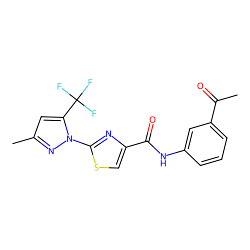 N-(3-acetylphenyl)-2-[3-methyl-5-(trifluoromethyl)-1H-pyrazol-1-yl]-1,3-thiazole-4-carboxamide structure
