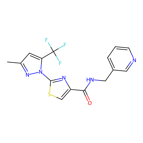 2-[3-methyl-5-(trifluoromethyl)-1H-pyrazol-1-yl]-N-(3-pyridinylmethyl)-1,3-thiazole-4-carboxamide structure