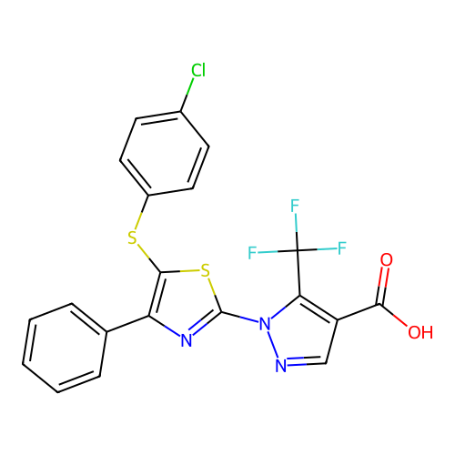 1-{5-[(4-chlorophenyl)sulfanyl]-4-phenyl-1,3-thiazol-2-yl}-5-(trifluoromethyl)-1H-pyrazole-4-carboxylic acid structure