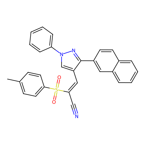 2-(4-methylphenyl)sulfonyl-3-(3-naphthalen-2-yl-1-phenyl-pyrazol-4-yl)prop-2-enenitrile structure