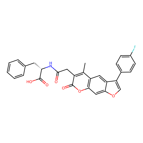 N-{[3-(4-fluorophenyl)-5-methyl-7-oxo-7H-furo[3,2-g]chromen-6-yl]acetyl}-L-phenylalanine structure