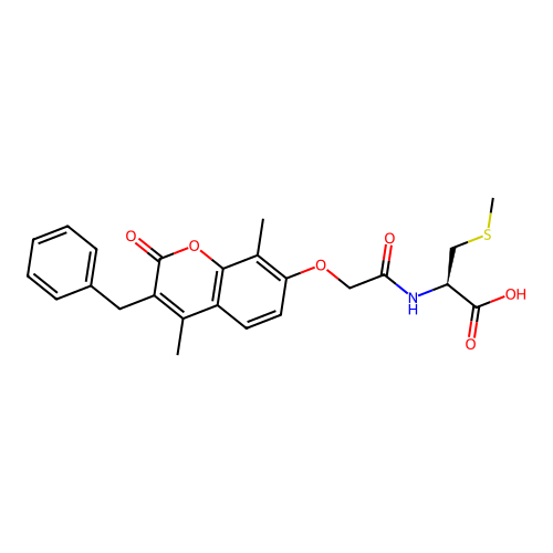 (R)-2-(2-((3-benzyl-4,8-dimethyl-2-oxo-2H-chromen-7-yl)oxy)acetamido)-3-(methylthio)propanoic acid structure