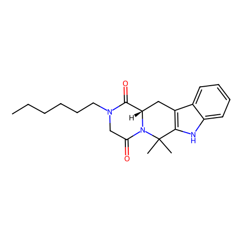 (12aS)-2-hexyl-6,6-dimethyl-3,7,12,12a-tetrahydropyrazino[1,2-b]-carboline-1,4-quinone structure