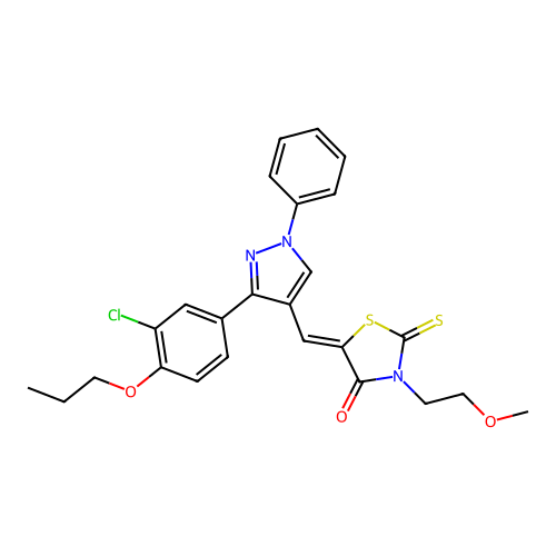 (5Z)-5-{[3-(3-chloro-4-propoxyphenyl)-1-phenyl-1H-pyrazol-4-yl]methylidene}-3-(2-methoxyethyl)-2-thioxo-1,3-thiazolidin-4-one structure