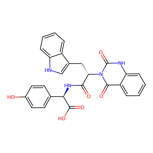 (R)-2-((S)-2-(2,4-dioxo-1,2-dihydroquinazolin-3(4H)-yl)-3-(1H-indol-3-yl)propanamido)-2-(4-hydroxyphenyl)acetic acid structure