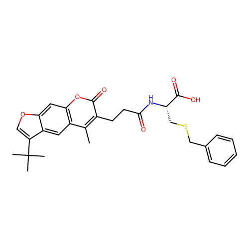 (R)-3-(benzylthio)-2-(3-(3-(tert-butyl)-5-methyl-7-oxo-7H-furo[3,2-g]chromen-6-yl)propanamido)propanoic acid structure