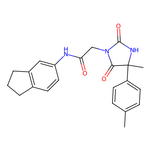 N-(2,3-dihydro-1H-inden-5-yl)-2-[4-methyl-4-(4-methylphenyl)-2,5-dioxoimidazolidin-1-yl]acetamide structure