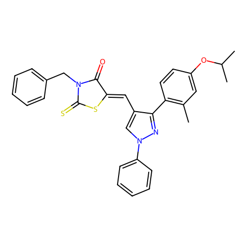 (5Z)-3-benzyl-5-({3-[2-methyl-4-(propan-2-yloxy)phenyl]-1-phenyl-1H-pyrazol-4-yl}methylidene)-2-thioxo-1,3-thiazolidin-4-one structure