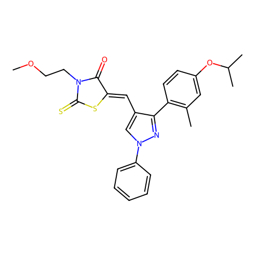 (5Z)-3-(2-methoxyethyl)-5-({3-[2-methyl-4-(propan-2-yloxy)phenyl]-1-phenyl-1H-pyrazol-4-yl}methylidene)-2-thioxo-1,3-thiazolidin-4-one structure