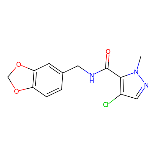 N-(1,3-benzodioxol-5-ylmethyl)-4-chloro-2-methylpyrazole-3-carboxamide structure