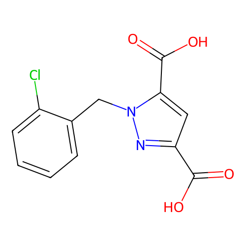1-[(2-chlorophenyl)methyl]pyrazole-3,5-dicarboxylic Acid structure