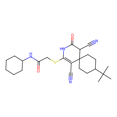 2-[(9-tert-butyl-1,5-dicyano-2-oxo-3-azaspiro[5.5]undec-4-en-4-yl)thio]-N-cyclohexylacetamide structure