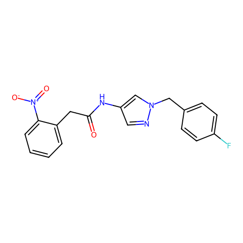 N-[1-[(4-fluorophenyl)methyl]pyrazol-4-yl]-2-(2-nitrophenyl)acetamide structure
