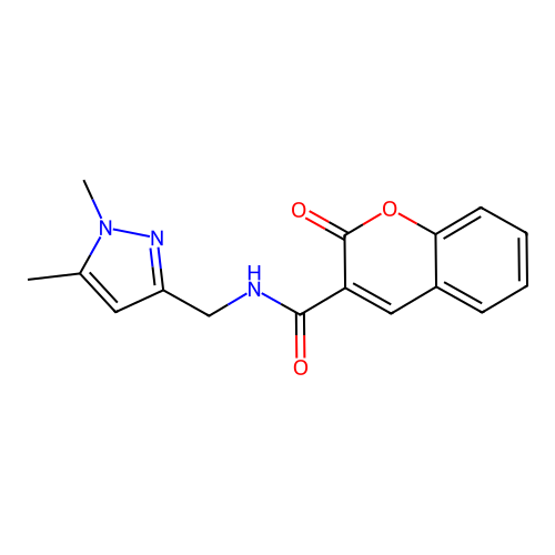 N-[(1,5-dimethylpyrazol-3-yl)methyl]-2-oxochromene-3-carboxamide structure