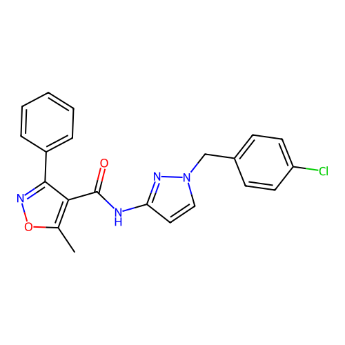 N-(1-(4-Chlorobenzyl)-1H-pyrazol-3-yl)-5-methyl-3-phenylisoxazole-4-carboxamide structure