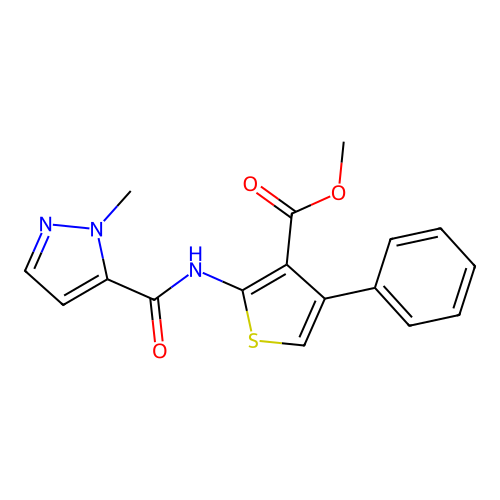 Methyl 2-[(1-methylpyrazol-5-yl)carbonylamino]-4-phenylthiophene-3-carboxylate structure