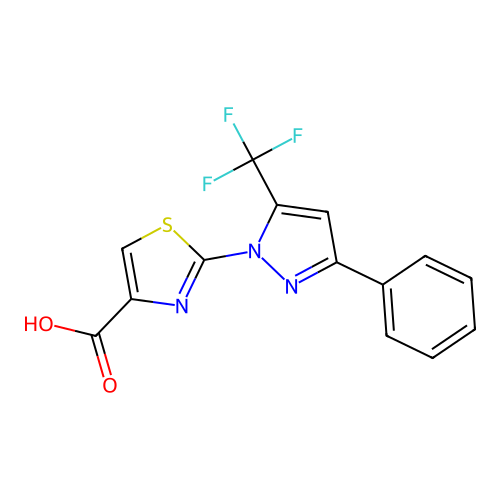 2-(3-Phenyl-5-(trifluoromethyl)-1H-pyrazol-1-yl)thiazole-4-carboxylic acid structure