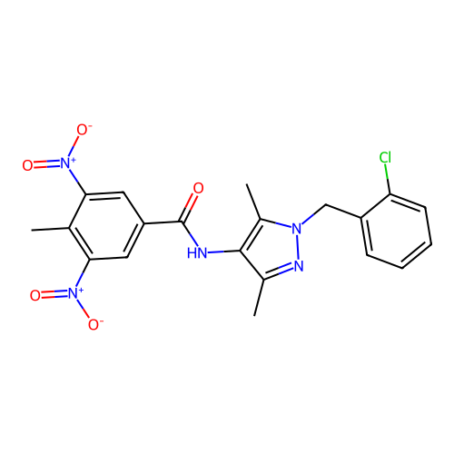 N-[1-[(2-chlorophenyl)methyl]-3,5-dimethylpyrazol-4-yl]-4-methyl-3,5-dinitrobenzamide structure