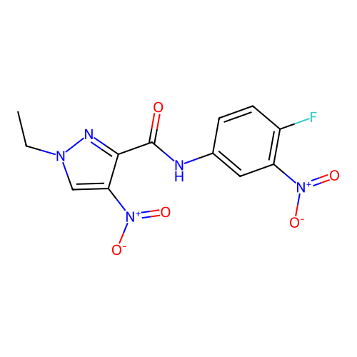 1-ethyl-N-(4-fluoro-3-nitrophenyl)-4-nitropyrazole-3-carboxamide structure