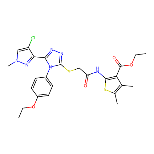 ethyl 2-[({[5-(4-chloro-1-methyl-1H-pyrazol-3-yl)-4-(4-ethoxyphenyl)-4H-1,2,4-triazol-3-yl]sulfanyl}acetyl)amino]-4,5-dimethyl-3-thiophenecarboxylate structure