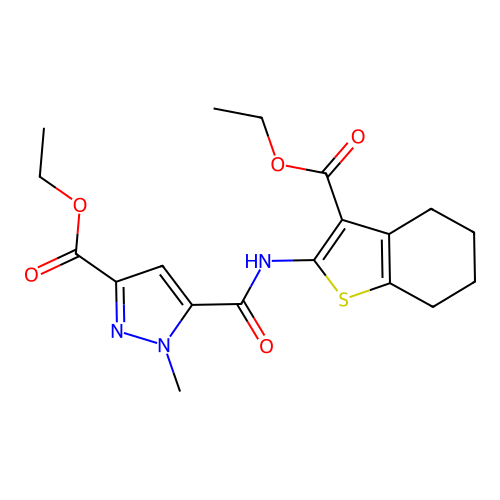 ethyl 5-[(3-ethoxycarbonyl-4,5,6,7-tetrahydro-1-benzothiophen-2-yl)carbamoyl]-1-methylpyrazole-3-carboxylate structure