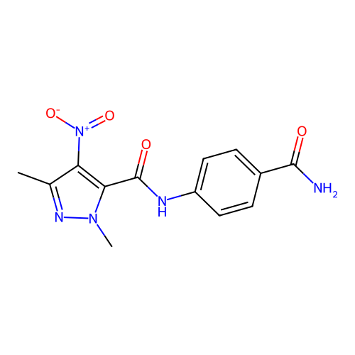 N-(4-carbamoylphenyl)-2,5-dimethyl-4-nitropyrazole-3-carboxamide structure