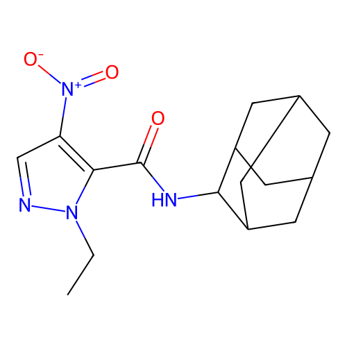 N-(2-adamantyl)-1-ethyl-4-nitro-1H-pyrazole-5-carboxamide structure