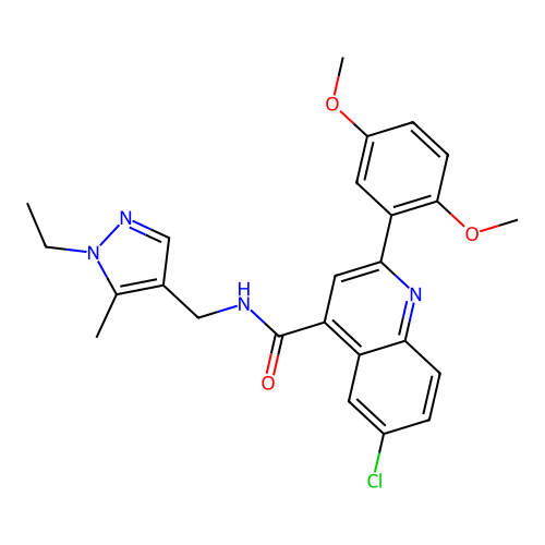6-chloro-2-(2,5-dimethoxyphenyl)-N-[(1-ethyl-5-methylpyrazol-4-yl)methyl]quinoline-4-carboxamide structure