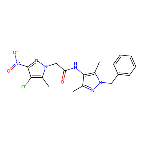 N-(1-benzyl-3,5-dimethyl-1H-pyrazol-4-yl)-2-(4-chloro-5-methyl-3-nitro-1H-pyrazol-1-yl)acetamide structure