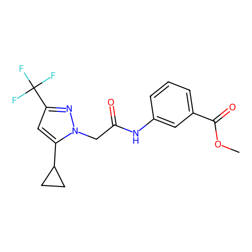 methyl 3-({[5-cyclopropyl-3-(trifluoromethyl)-1H-pyrazol-1-yl]acetyl}amino)benzoate structure