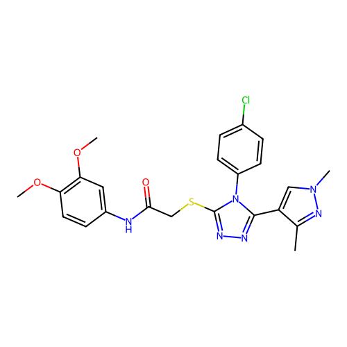 2-[[4-(4-chlorophenyl)-5-(1,3-dimethylpyrazol-4-yl)-1,2,4-triazol-3-yl]sulfanyl]-N-(3,4-dimethoxyphenyl)acetamide structure