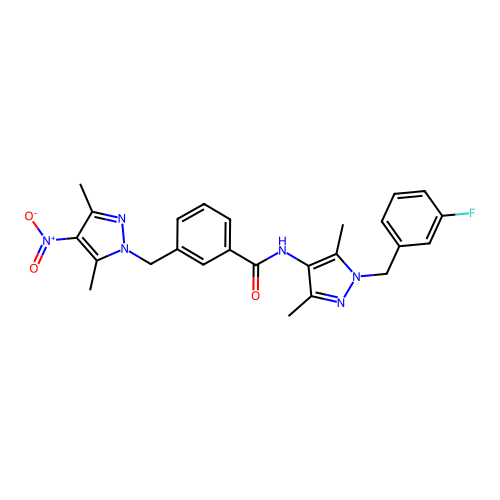 3-[(3,5-dimethyl-4-nitro-1H-pyrazol-1-yl)methyl]-N-[1-(3-fluorobenzyl)-3,5-dimethyl-1H-pyrazol-4-yl]benzamide structure