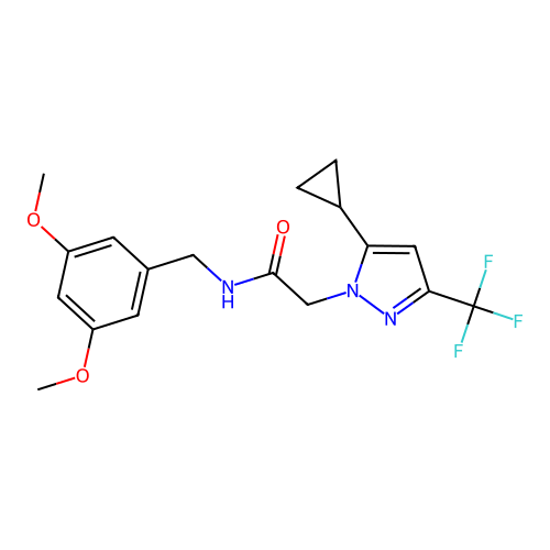 2-[5-cyclopropyl-3-(trifluoromethyl)pyrazol-1-yl]-N-[(3,5-dimethoxyphenyl)methyl]acetamide structure
