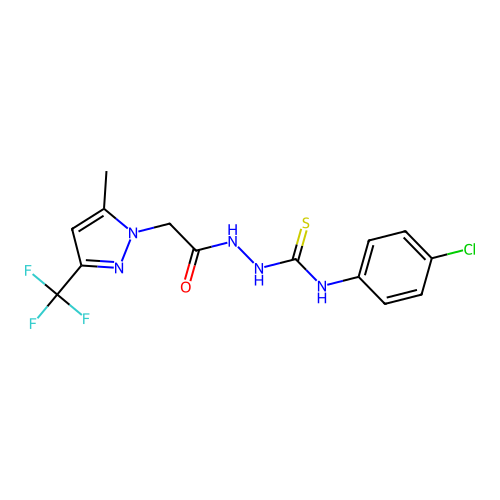 N-(4-chlorophenyl)-2-{[5-methyl-3-(trifluoromethyl)-1H-pyrazol-1-yl]acetyl}hydrazinecarbothioamide structure