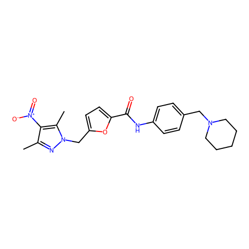 5-[(3,5-dimethyl-4-nitropyrazol-1-yl)methyl]-N-[4-(piperidin-1-ylmethyl)phenyl]furan-2-carboxamide structure