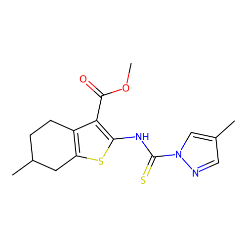 methyl 6-methyl-2-{[(4-methyl-1H-pyrazol-1-yl)carbonothioyl]amino}-4,5,6,7-tetrahydro-1-benzothiophene-3-carboxylate structure