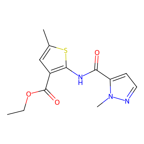 Ethyl 5-methyl-2-[(1-methylpyrazol-5-yl)carbonylamino]thiophene-3-carboxylate structure