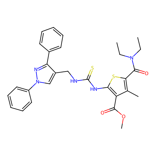 methyl 5-(diethylcarbamoyl)-2-({[(1,3-diphenyl-1H-pyrazol-4-yl)methyl]carbamothioyl}amino)-4-methylthiophene-3-carboxylate structure