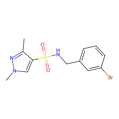 N-[(3-bromophenyl)methyl]-1,3-dimethylpyrazole-4-sulfonamide structure