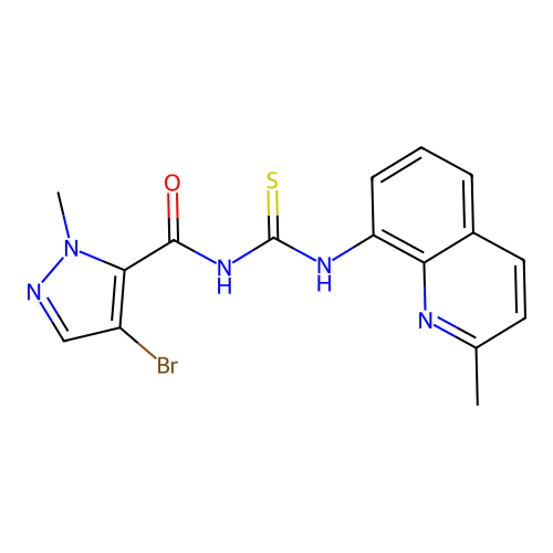4-bromo-2-methyl-N-[(2-methylquinolin-8-yl)carbamothioyl]pyrazole-3-carboxamide structure