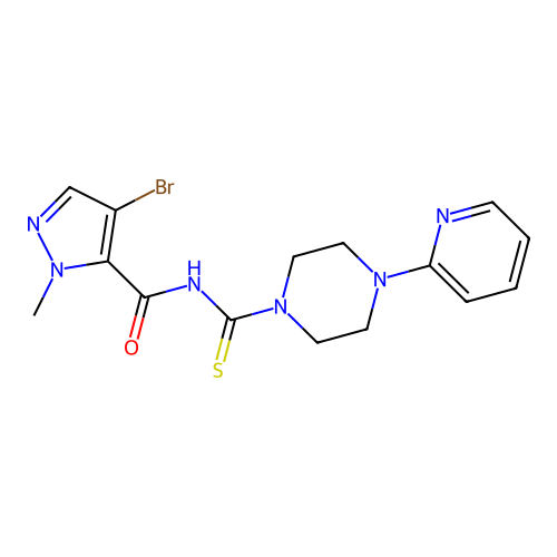4-bromo-1-methyl-N-{[4-(2-pyridinyl)-1-piperazinyl]carbothioyl}-1H-pyrazole-5-carboxamide structure