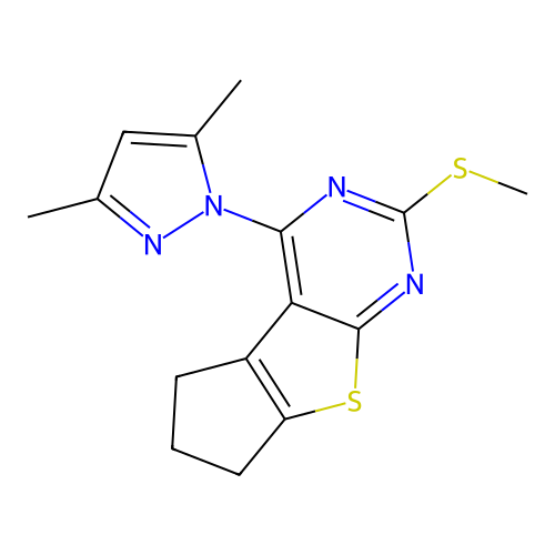 4-(3,5-dimethyl-1H-pyrazol-1-yl)-2-(methylsulfanyl)-6,7-dihydro-5H-cyclopenta[4,5]thieno[2,3-d]pyrimidine structure