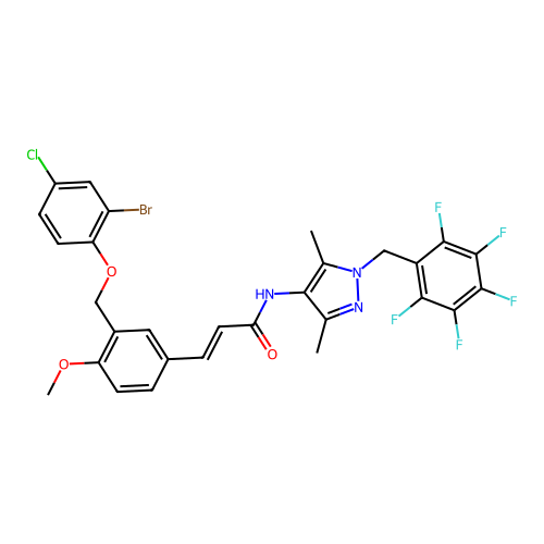 (E)-3-[3-[(2-bromo-4-chlorophenoxy)methyl]-4-methoxyphenyl]-N-[3,5-dimethyl-1-[(2,3,4,5,6-pentafluorophenyl)methyl]pyrazol-4-yl]prop-2-enamide structure