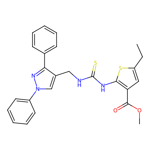 methyl 2-({[(1,3-diphenyl-1H-pyrazol-4-yl)methyl]carbamothioyl}amino)-5-ethylthiophene-3-carboxylate structure