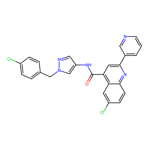6-chloro-N-[1-[(4-chlorophenyl)methyl]pyrazol-4-yl]-2-pyridin-3-ylquinoline-4-carboxamide structure