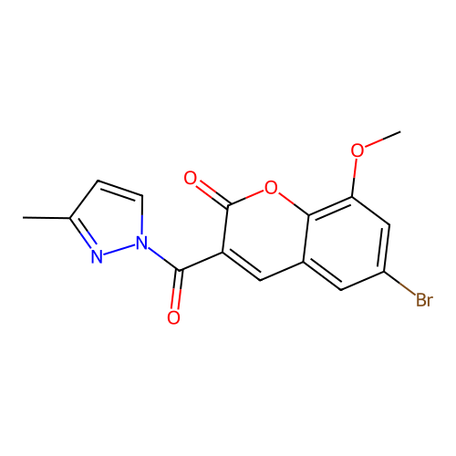 6-bromo-8-methoxy-3-(3-methyl-1H-pyrazole-1-carbonyl)-2H-chromen-2-one structure