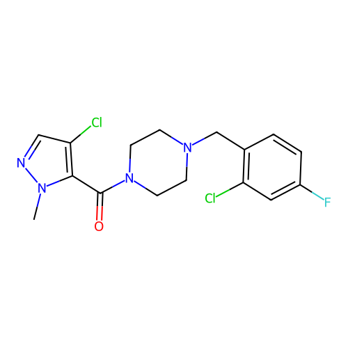 [4-[(2-chloro-4-fluorophenyl)methyl]piperazin-1-yl]-(4-chloro-2-methylpyrazol-3-yl)methanone structure