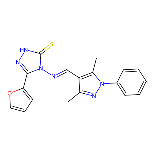 4-[(E)-(3,5-dimethyl-1-phenylpyrazol-4-yl)methylideneamino]-3-(furan-2-yl)-1H-1,2,4-triazole-5-thione structure