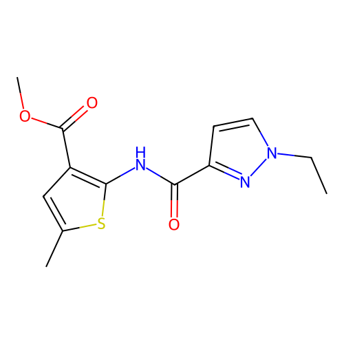 Methyl 2-[(1-ethylpyrazol-3-yl)carbonylamino]-5-methylthiophene-3-carboxylate structure